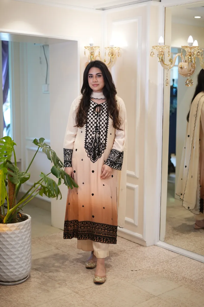 Ivory Peach Ombré Cross-Stitch Suit