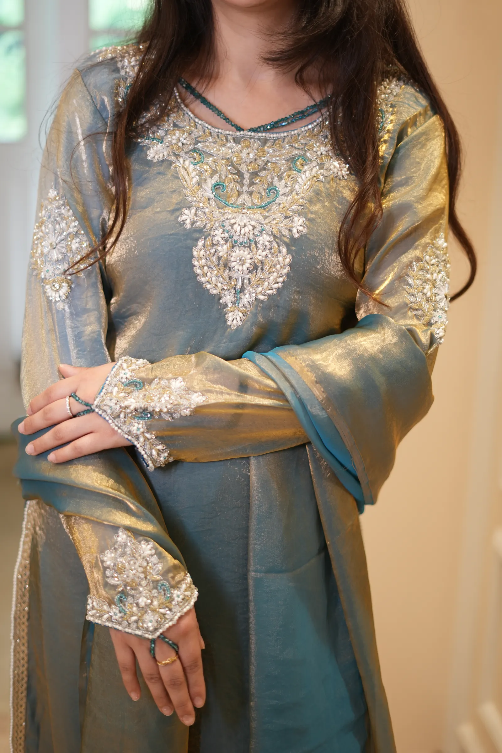 Sage Gold Tissue Zardozi Kurta Set — photo 2