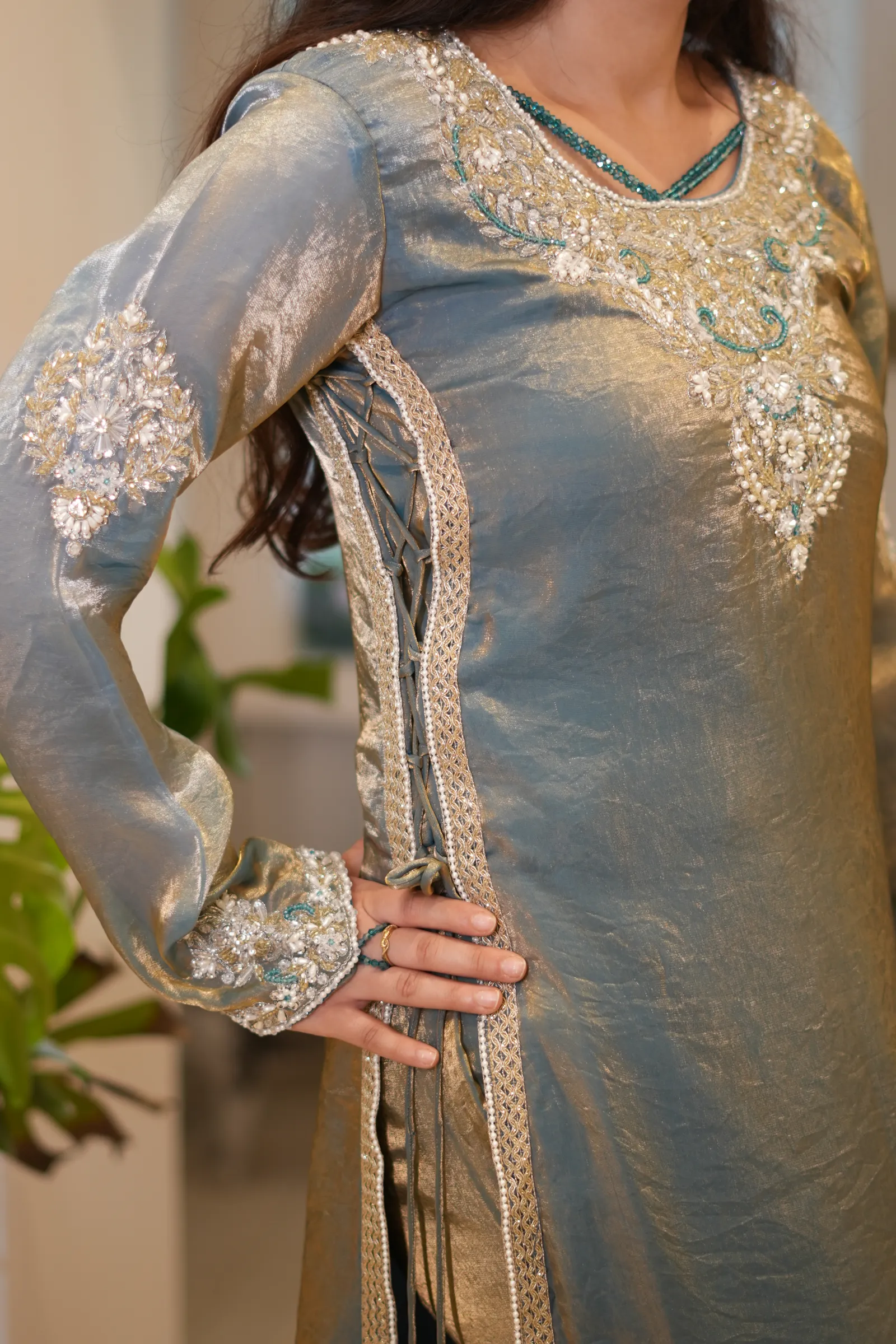 Sage Gold Tissue Zardozi Kurta Set — photo 3