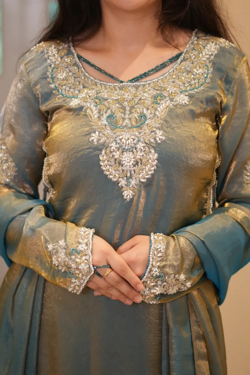 Sage Gold Tissue Zardozi Kurta Set