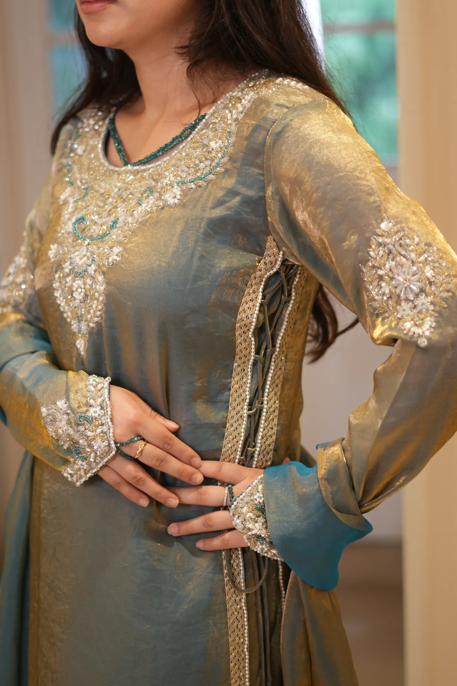 Sage Gold Tissue Zardozi Kurta Set — photo 6