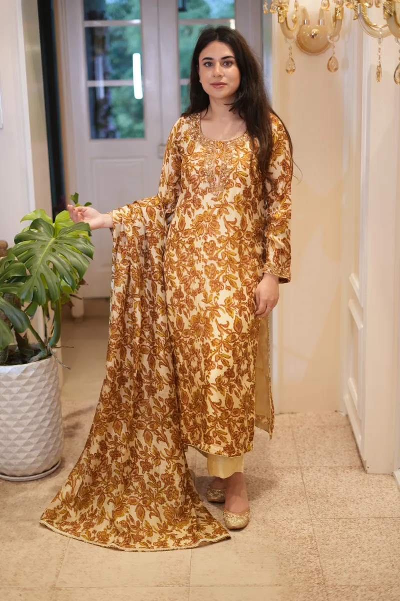 Mustard Floral Print Silk Suit
