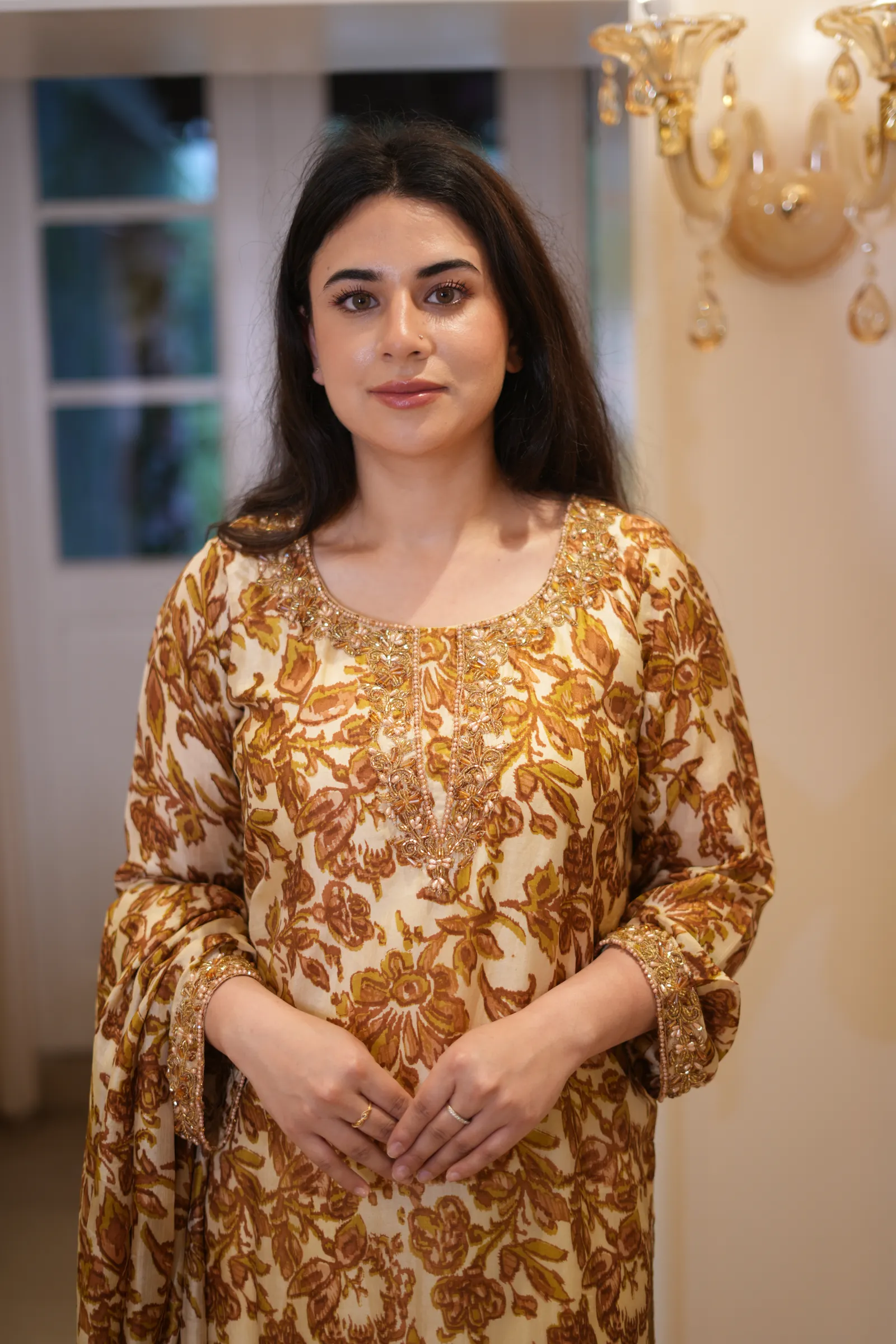 Mustard Floral Print Silk Suit — photo 6
