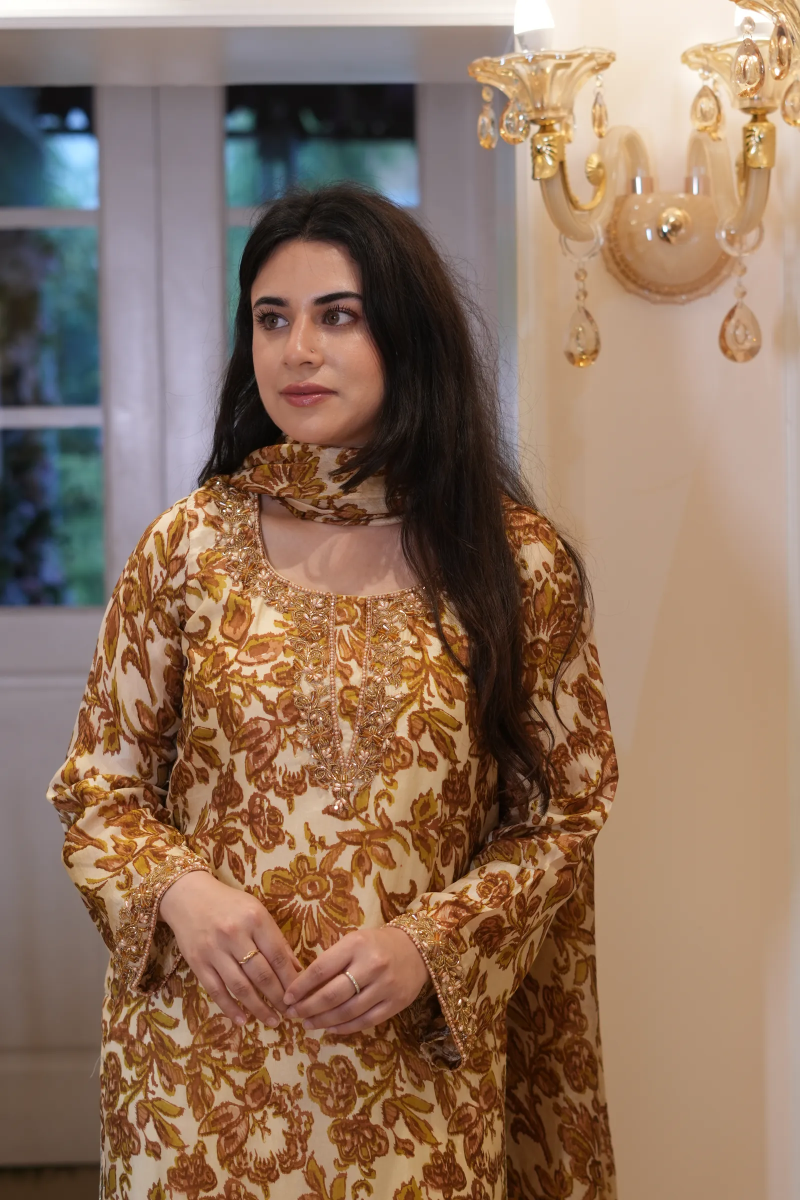 Mustard Floral Print Silk Suit — photo 12