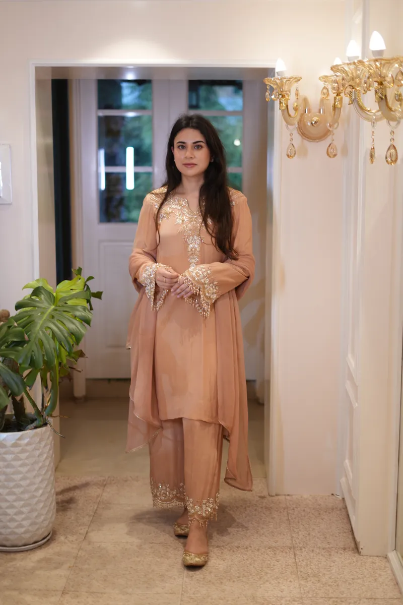Peach Pearl Zardozi Suit