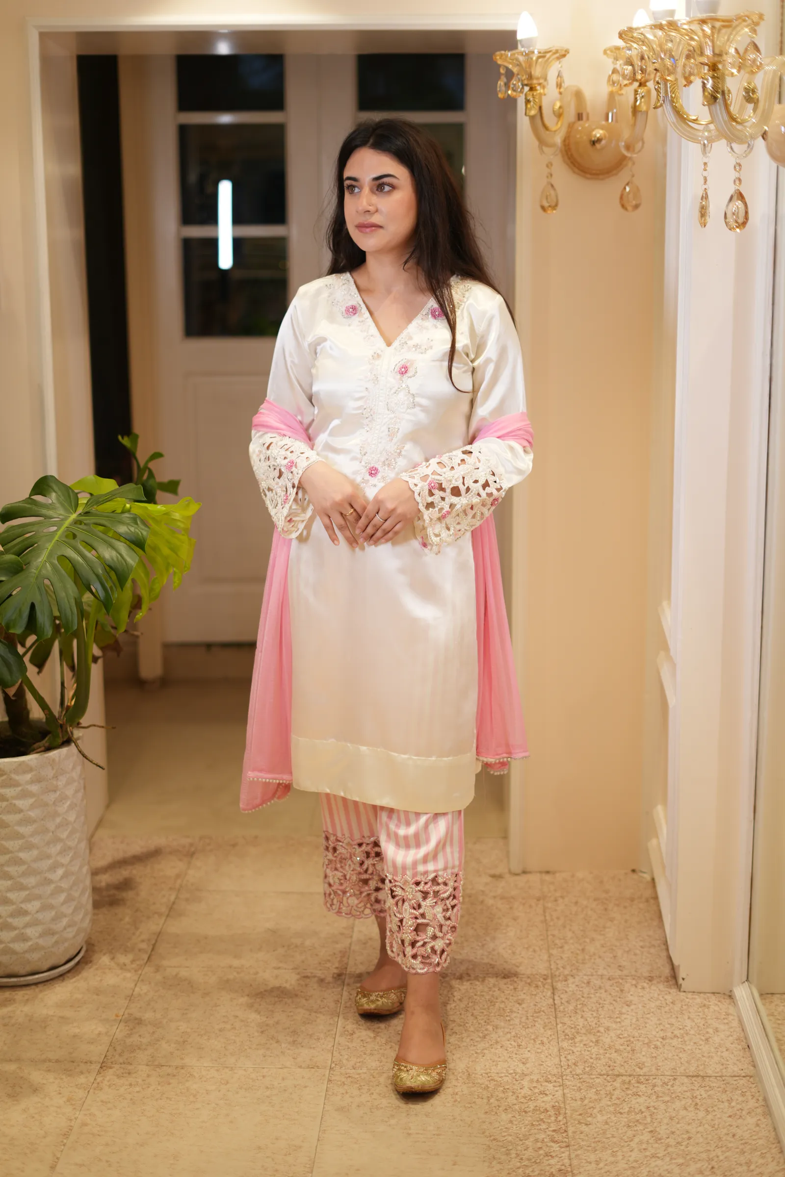 White Satin Rose Cutwork Suit — photo 3