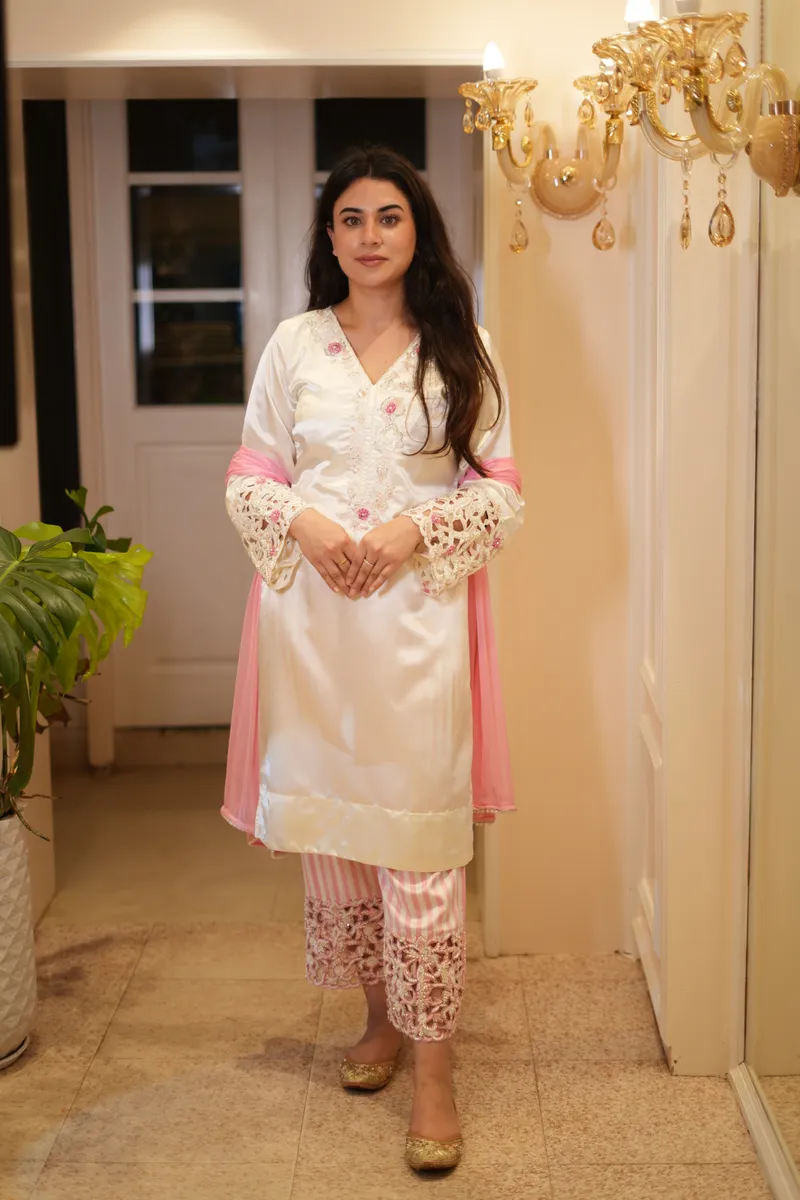 White Satin Rose Cutwork Suit